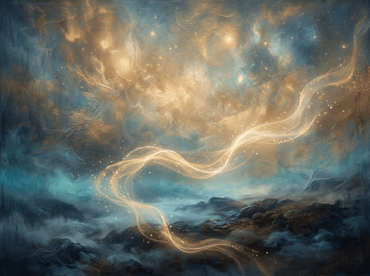 Luminous stardust ribbon winding through a misty mountain landscape